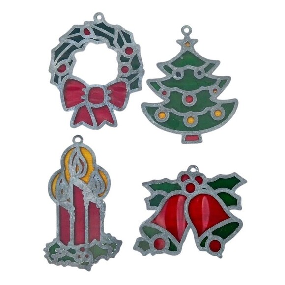 VTG Lot Of 4 Christmas Stained Glass Metal Ornaments / Sun Catchers Wreath Tree - Picture 2 of 2